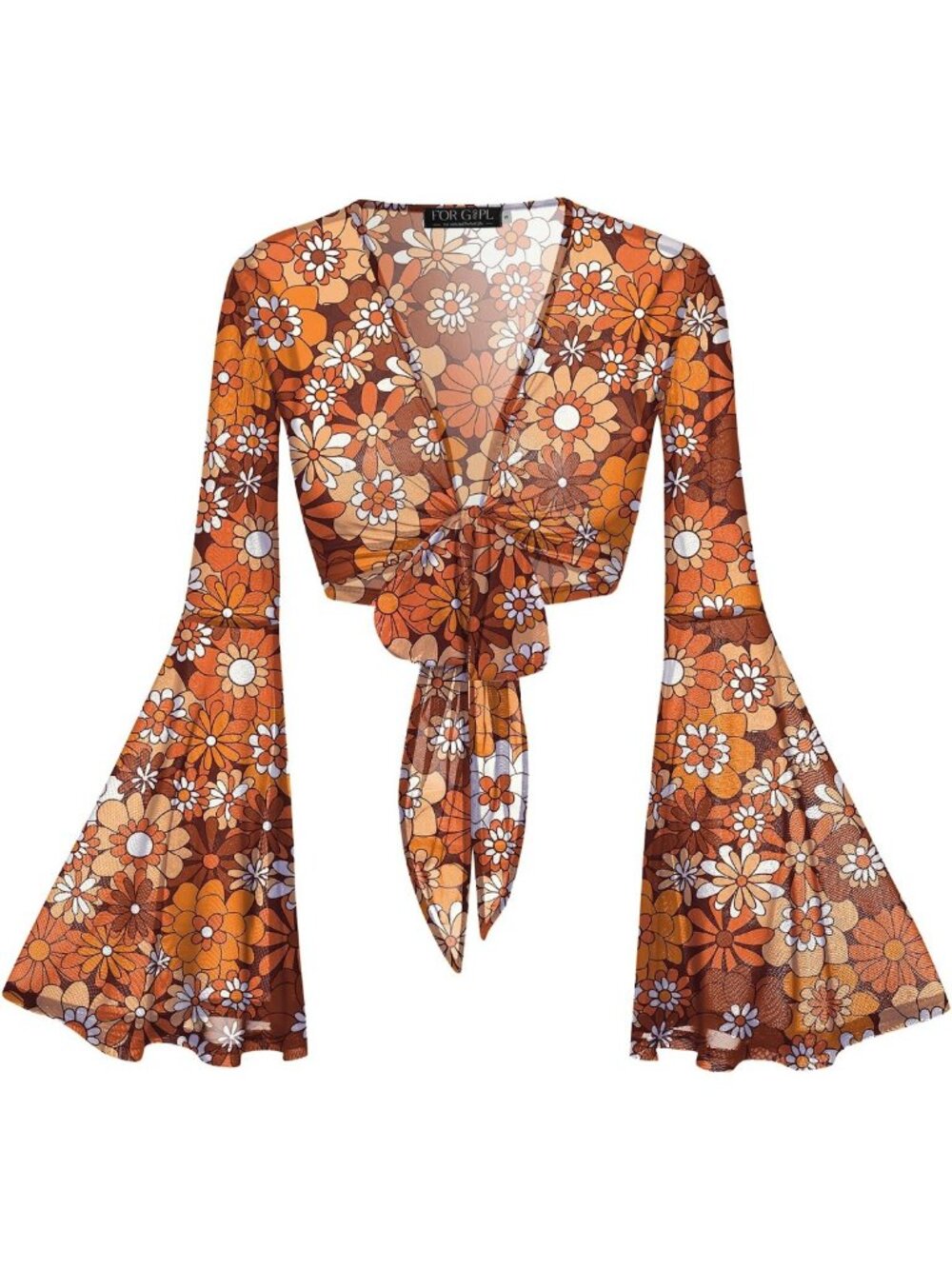 Floral Print Tie Front Bell Sleeve Crop Top - Sheer Mesh Rave Shirt for Women